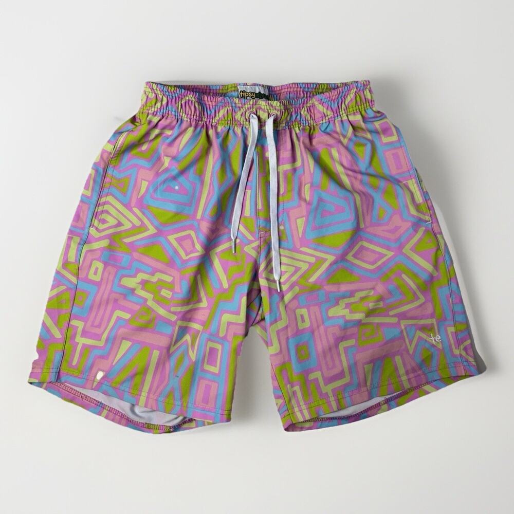 Tipsy Elves Swim Shorts Mens L Pink Blue Yellow Geometric‎ Shorts Neon Party BBQ